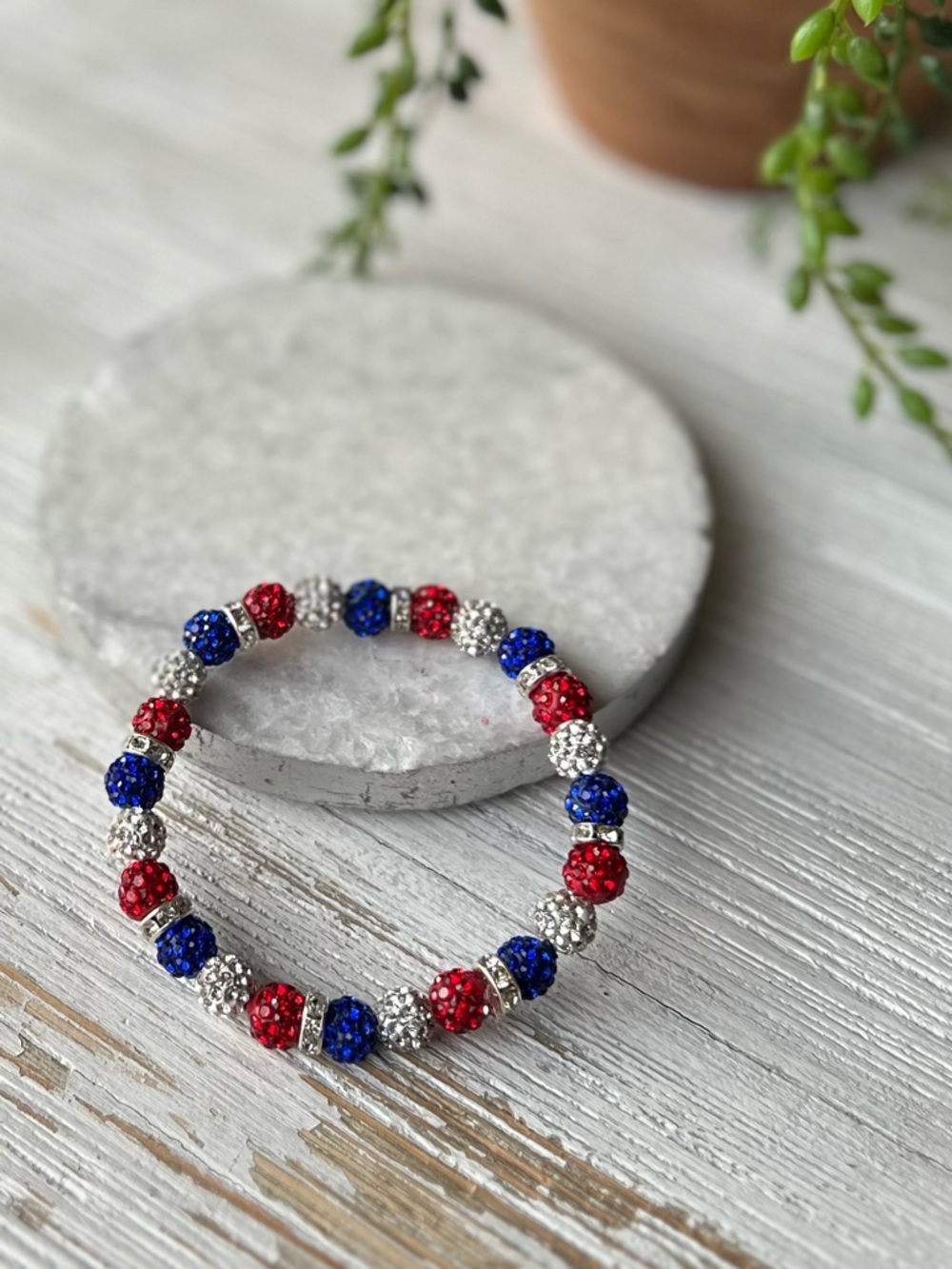 Sparkling Red, White & Blue Crystal Bead Bracelet 7 inch Patriotic Bracelet - Picture 2 of 8